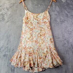 Sky to Moon Floral Mini Dress Orange Yellow Open Back Ruffle Hem S Sun Dress